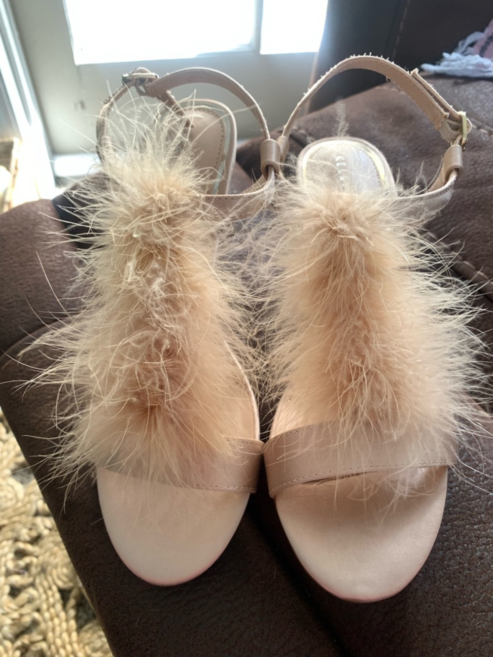Kelly & Katie Nude Feather-Trim Ankle Strap Sandals